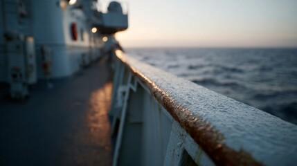 Rust-kissed ship rail meets endless sea, maritime whispers of gir blessings, Nordic navigation heritage at dawn's embrace