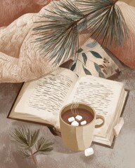 Cozy winter afternoon with a warm drink, a good book, and soft blankets