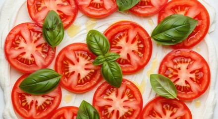 Naklejka premium Fresh Caprese Salad Close-Up Featuring Juicy Red Tomatoes and Basil Leaves