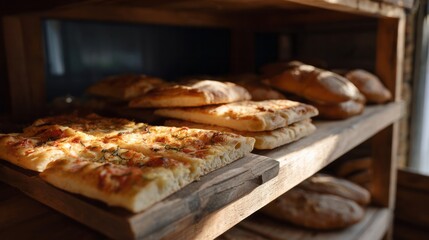 Freshly baked focaccia basking in golden sunlight evokes the aroma of La Festa del Pane and ancient grain rituals