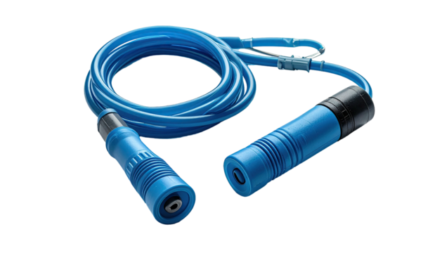 A blue exercise rope, coiled, with two cylindrical black and blue handles against black