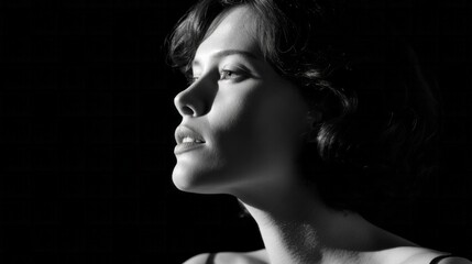 A contemplative Caucasian woman in chiaroscuro lighting, celebrating World Art Day, embodying poetic solitude and nocturnal reflection