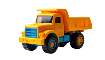 A bright yellow toy dump truck with blue and black accents on a black background