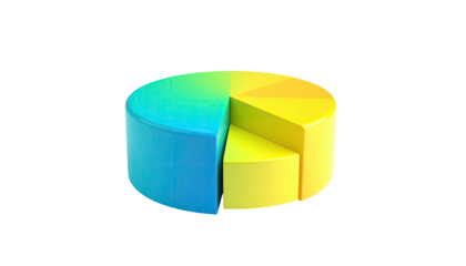 A 3D pie chart with blue/yellow segments, isolated against a stark black background