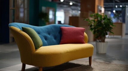 A whimsically vibrant sofa with eclectic cushions prompts playful introspection, perfect for World Colour Day or Retro Revival Fest