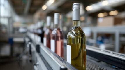 Assembly line serenade of wine bottles, glistening glass under factory lights, whispers of Bacchanalia and Beaujolais Day celebration