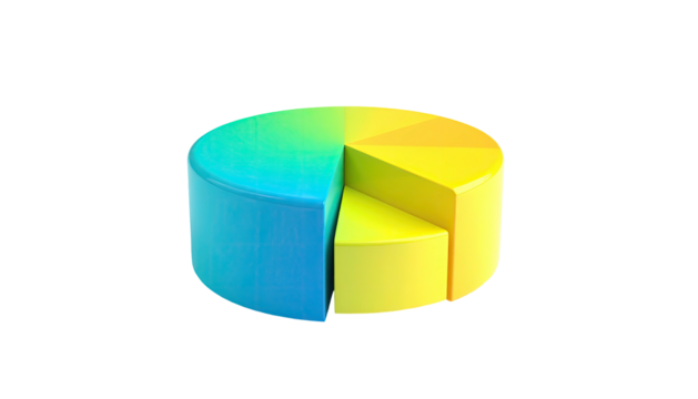 A 3D pie chart with blue/yellow segments, isolated against a stark black background