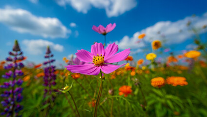 Fototapeta premium A vibrant cosmos flower in full bloom stands out in a colorful meadow under a bright blue sky with fluffy clouds, showcasing natures beauty