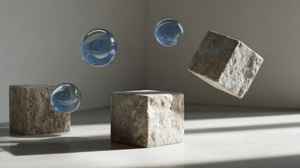 Floating stone cubes and glassy spheres conjure surreal stillness, echoing Esoteric Geometry Day and intriguingly balanced minimalism