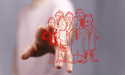A hand presenting a sketch of a diverse group of people, symbolizing community, collaboration, and...
