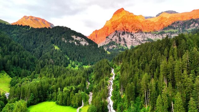 Simmenfalle waterfall flows through a verdant valley in the Swiss Alps, framed by lush pine forests and bathed in the warm, golden light of the setting sun, Lenk, Switzerland, drone shot