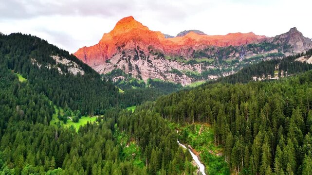 Simmenfalle waterfall tumbles through dense evergreen forest toward a sunlit alpine peak at golden hour, serene Bernese Oberland landscape, Lenk, Switzerland, drone establishing shot
