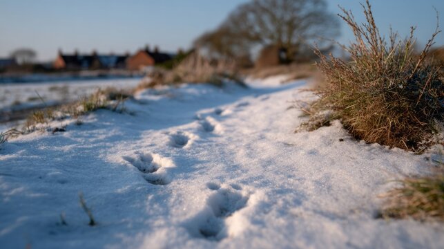 Footprints traverse frosted rural paths at dawn, evoking Imbolc whispers, hidden wanderers, and solstice-tinged solitude