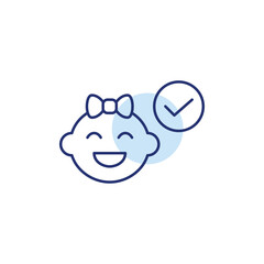 Obraz premium Smiling baby girl and checkmark. Children products safety and healthcare. Approved for babies. Pixel perfect, editable stroke vector icon