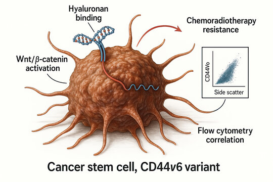 Illustration of a cancer stem cell, CD44v6 variant, highlighting its biological mechanisms including Wnt/&beta;-catenin activation, hyaluronan binding, and its resistance to chemoradiotherapy, with a flow 