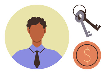 Male figure wearing formal attire, keys representing ownership or security, and a coin symbol for wealth. Ideal for finance, career, real estate, security, leadership success business. Simple flat