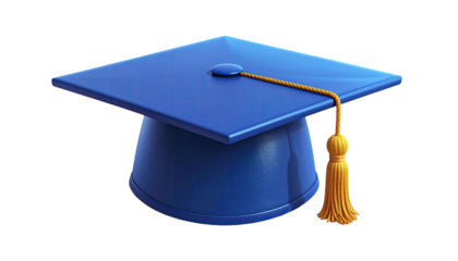A 3D render of a blue graduation cap with a gold tassel against a black backdrop