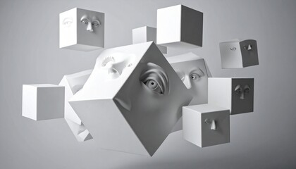 Surreal composition of floating white cubes with embedded human facial features&mdash;eyes, noses, ears sculpted into surfaces, arranged chaotically against neutral gray background