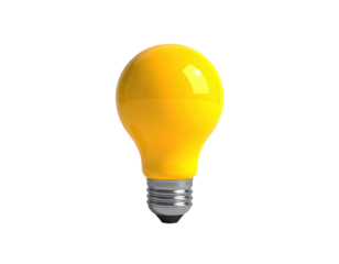 Isolated, bright yellow light bulb with a silver base on a black background