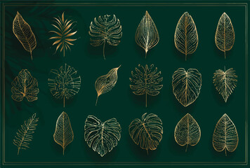 Golden tropical leaf outlines on a deep emerald green background create an elegant wallpaper pattern