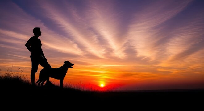 Silhouette of a man and a dog in a calm scene against majestic sunset - Powered by Adobe