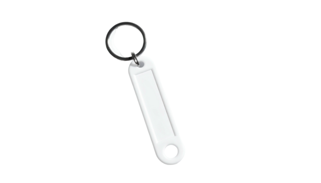 White plastic keyring tag with silver ring and a hole at the bottom, floating on black