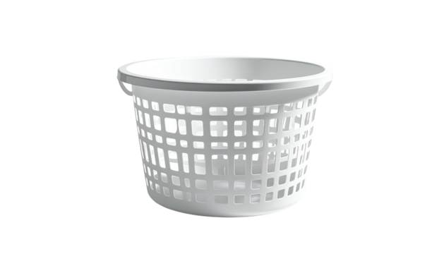 A white, round, plastic basket with a lattice design, against a black background