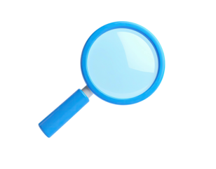 A blue, shiny magnifying glass on a black background, angled to the upper left