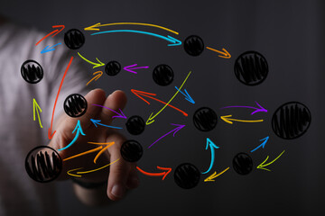 Abstract image of a human hand interacting with a complex digital network, illustrating data flow, connectivity, and strategic decision-making.