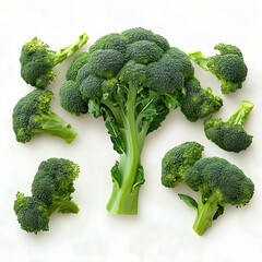Fresh green broccoli florets and stalk on a white background