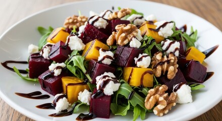 Culinary delight: Fresh beetroot salad with goat cheese, walnuts and balsamic glaze