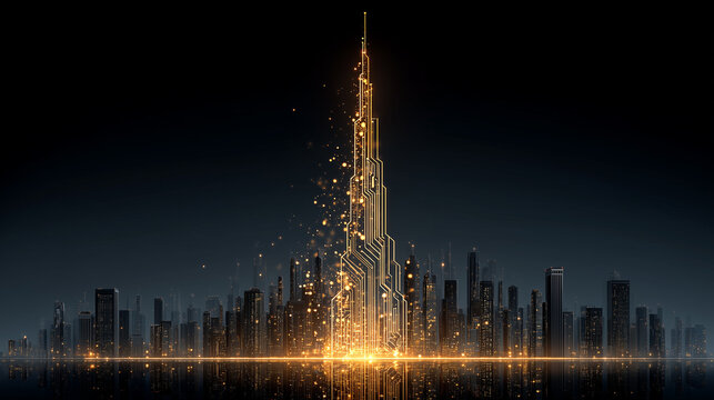 The Dubai skyline features the Burj Khalifa depicted as a circuit board illuminated with a golden glow. Reflections of the buildings shimmer in the water. It is nighttime.