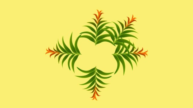 draw unique pink rose flower decorate with colourful orange and green leaf on yellow screen background
