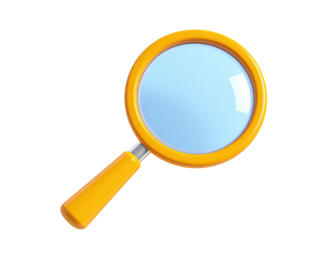 A 3D rendered yellow magnifying glass with a clear lens and a black background