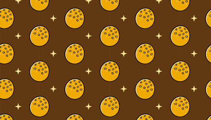 Sesame ball chinese dessert with light colorful pattern on tan background. Jian dui fried pastry doodle seamless pattern background. Glutinous rice ball snack isolated motif for bakery merchandise