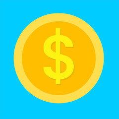 Golden yellow dollar coin, perfect for finance, business, savings, or economy-themed illustrations, flat art design style.
