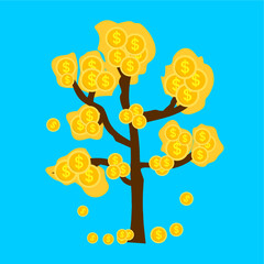 Money tree with coin fruits falling and scattering, ideal for investment, finance, or success-themed illustrations, flat art design style.
