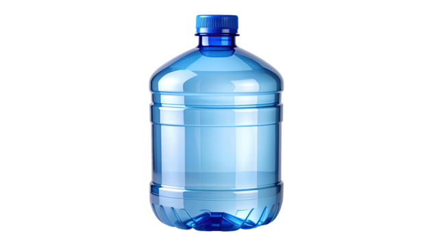 Clear, cylindrical water container, with a blue cap and visible water level, against black