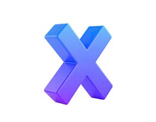 3D rendering of a stylized "X" shape, shaded in gradient blues and purples