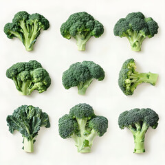 Nine fresh broccoli florets arranged in a grid pattern