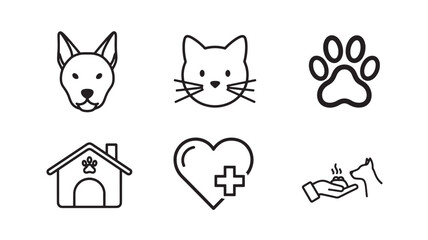 Pet care icon set simple line art vector illustration for veterinary clinic isolated on white background