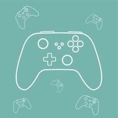 Game controller stick with buttons and console in line art, suitable for gaming, e-sports, or digital hobby designs for infographics or web.
