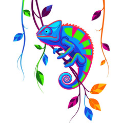 Fototapeta premium Psychedelic art of a chameleon sitting on a colorful tree branch. This modern and stylized graphic design is perfect for t-shirt prints, posters, or any creative project.