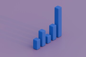Blue 3D bar chart with long shadows on purple