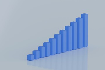 Blue 3D bar chart rising on light blue background