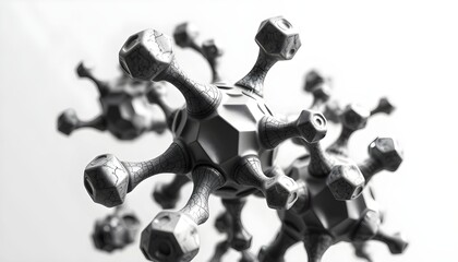 Black and white abstract representation of a virus or molecule, with multiple arms extending from a central core.