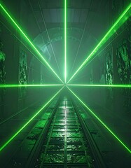 Futuristic tunnel with green laser beams