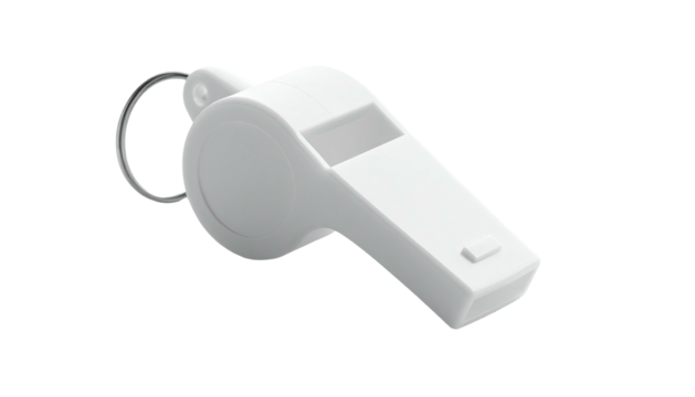 A simple, glossy, white, plastic whistle with a metal ring, angled on black