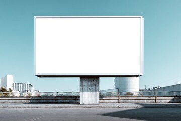 Fototapeta premium Mockup. Empty large horizontal digital billboard in the middle of gray office building concrete wall. Plain bright blank white screen outdoor. Industrial background. Advertising mock up. Urban banner