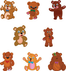 A cute cartoon set of teddy bears, puppy, and cat toy animals vector icon collection